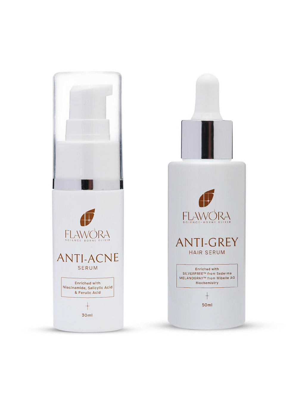 Flawora Anti-Grey Hair Serum For Reversing Grey Hair and Anti Acne Serum to reduce Blackheads and Open Pores