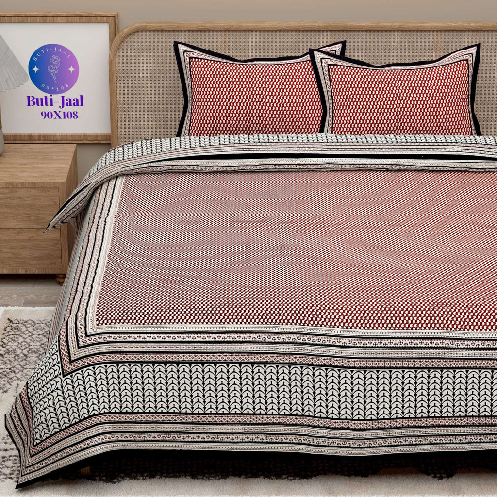 Red Black Handblock Printed Cotton 200TC King Bedsheet With 2 Zipper Pillow Covers - King Size by House of Ree