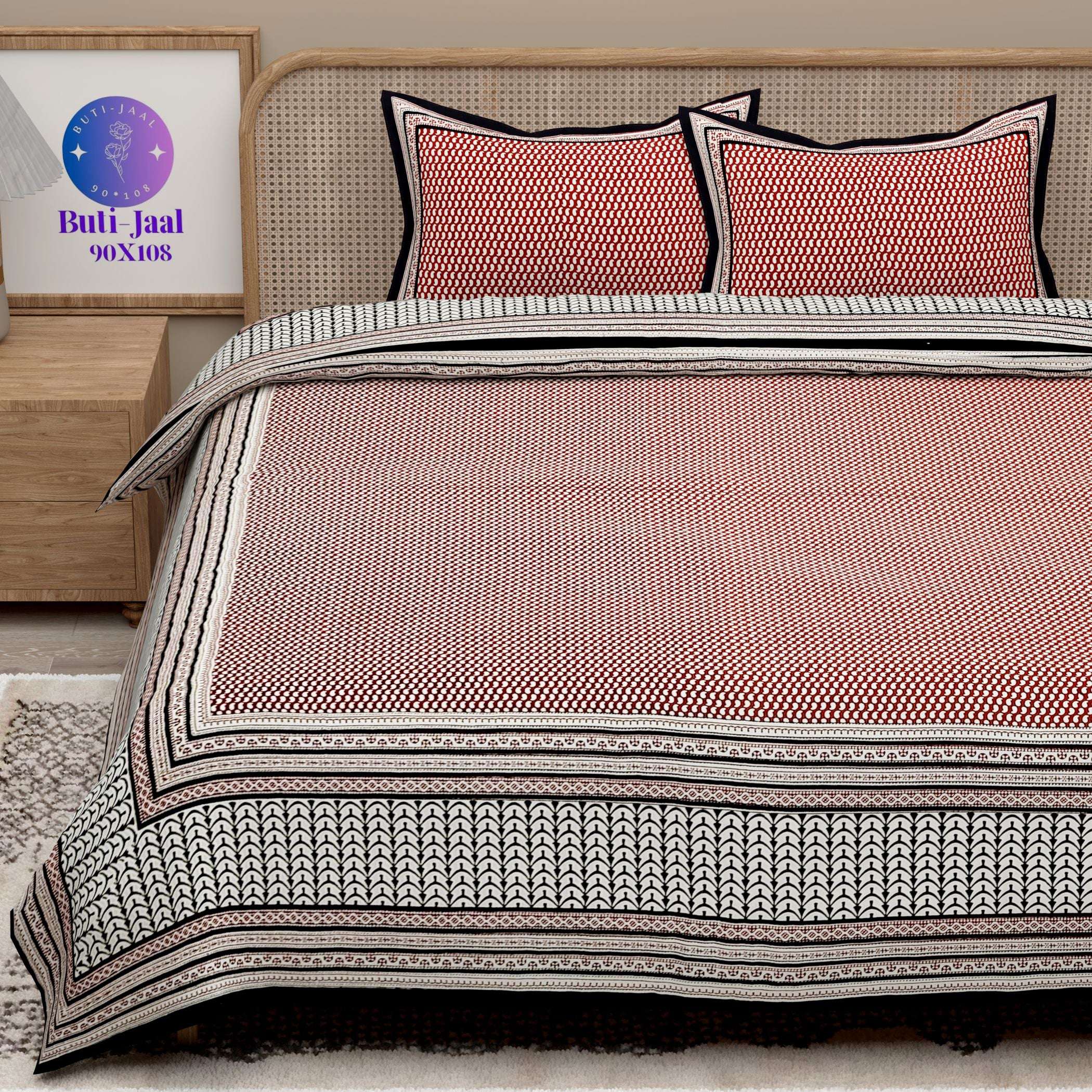 Red Black Handblock Printed Cotton 200TC King Bedsheet With 2 Zipper Pillow Covers - King Size by House of Ree