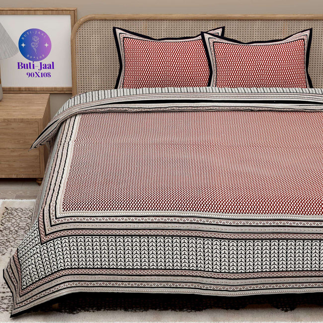 Red Black Handblock Printed Cotton 200TC King Bedsheet With 2 Zipper Pillow Covers - King Size by House of Ree Hover Image