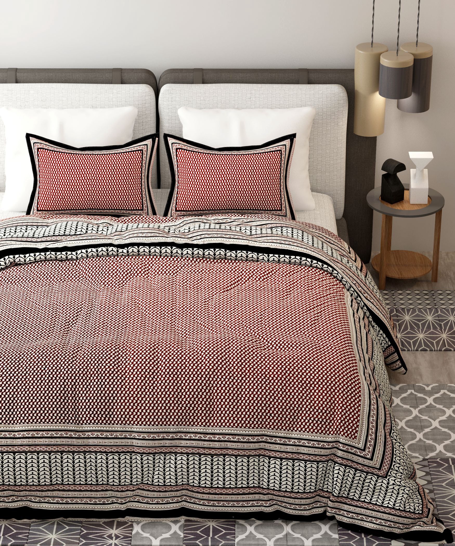 Red Black Handblock Printed Cotton 200TC King Bedsheet With 2 Zipper Pillow Covers - King Size by House of Ree