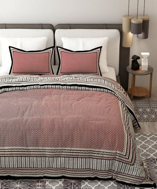 Red Black Handblock Printed Cotton 200TC King Bedsheet With 2 Zipper Pillow Covers - King Size by House of Ree Main Image