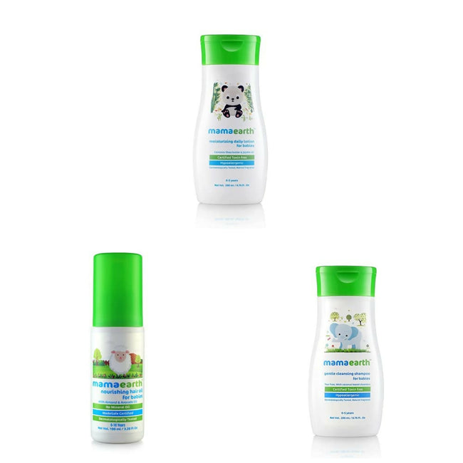 Mamaearth Daily Moisturizing Lotion & Gentle Cleansing Shampoo & Nourishing Hair Oil for Babies Hover Image