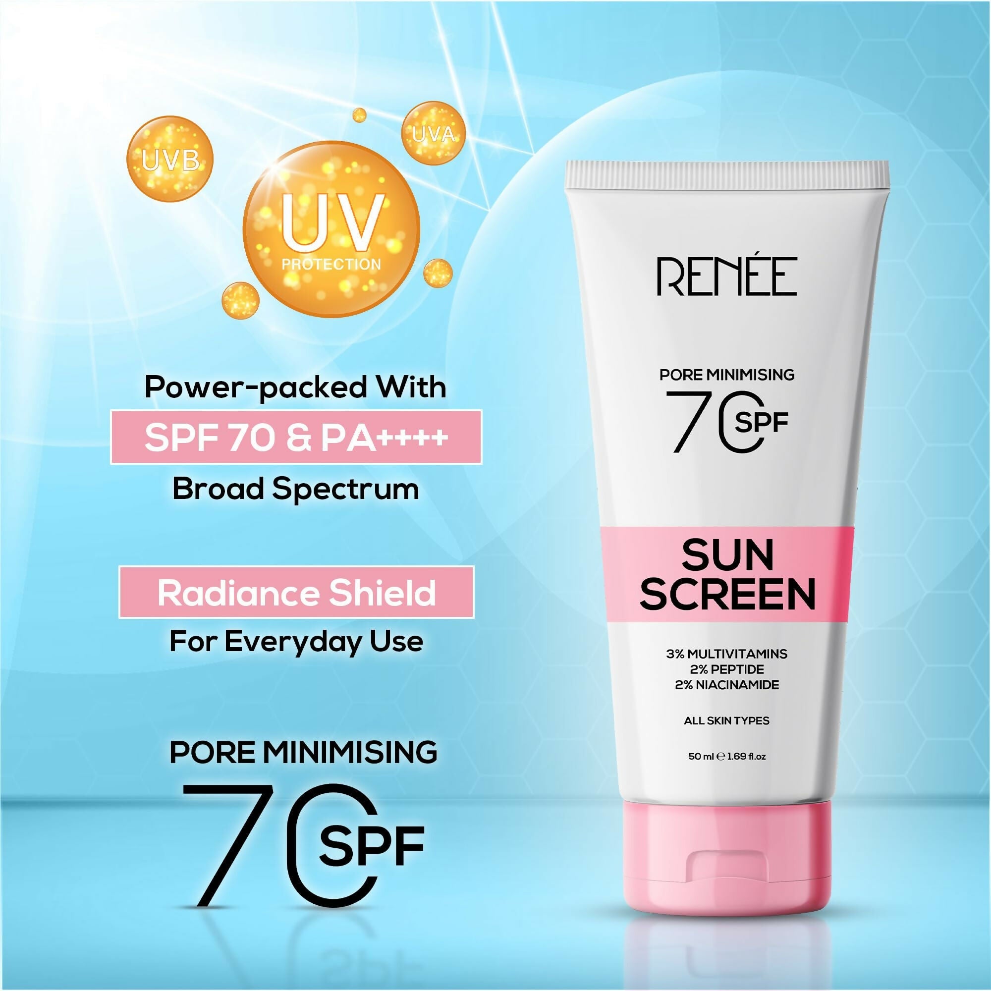Renee Pore Minimizing Sunscreen SPF 70 With 2% Niacinamide, 2% Peptide & 3% Multivitamins