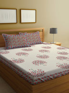 Rajasthan Decor Cream-Coloured Ethnic Motifs 144 TC Cotton King Bedsheet & 2 Pillow Covers