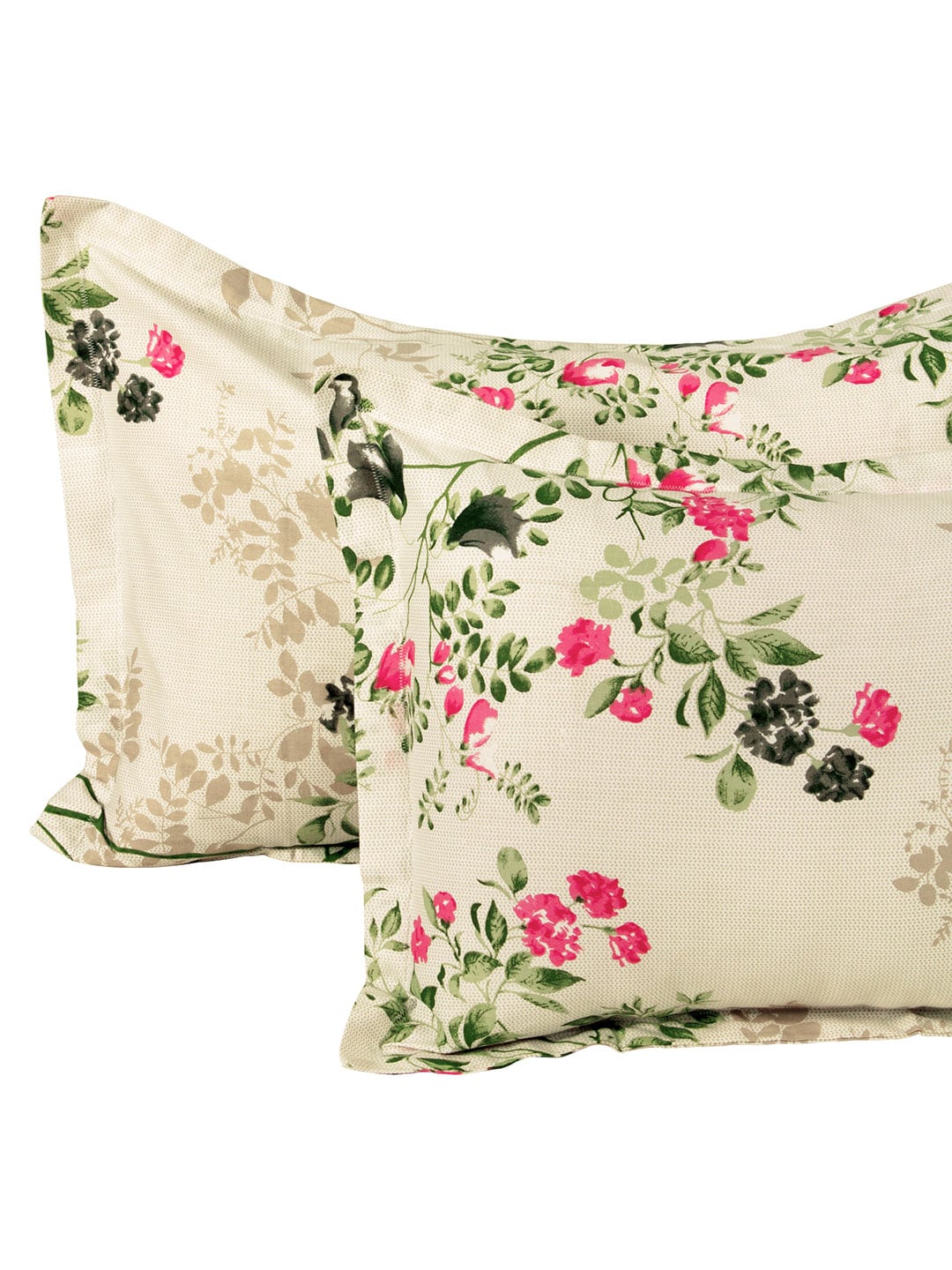 Story@home Ventura Cream & Green Floral 152 TC Cotton Queen Bedsheet with 2 Pillow Covers