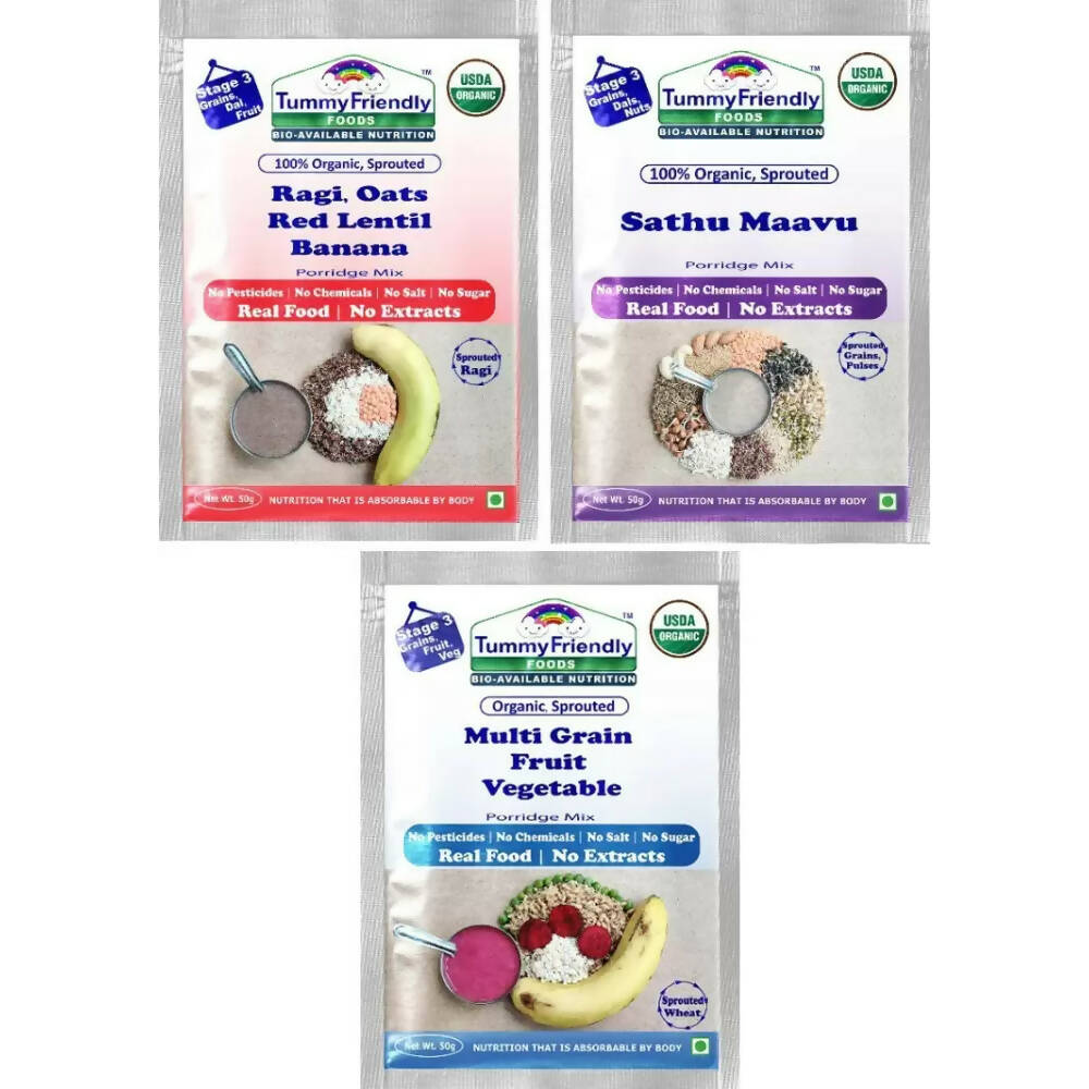 TummyFriendly Foods Certified Stage3 Porridge Mixes Trial Packs - Ragi, Sathu Maavu, MultiGrain for 8 Months Old Baby