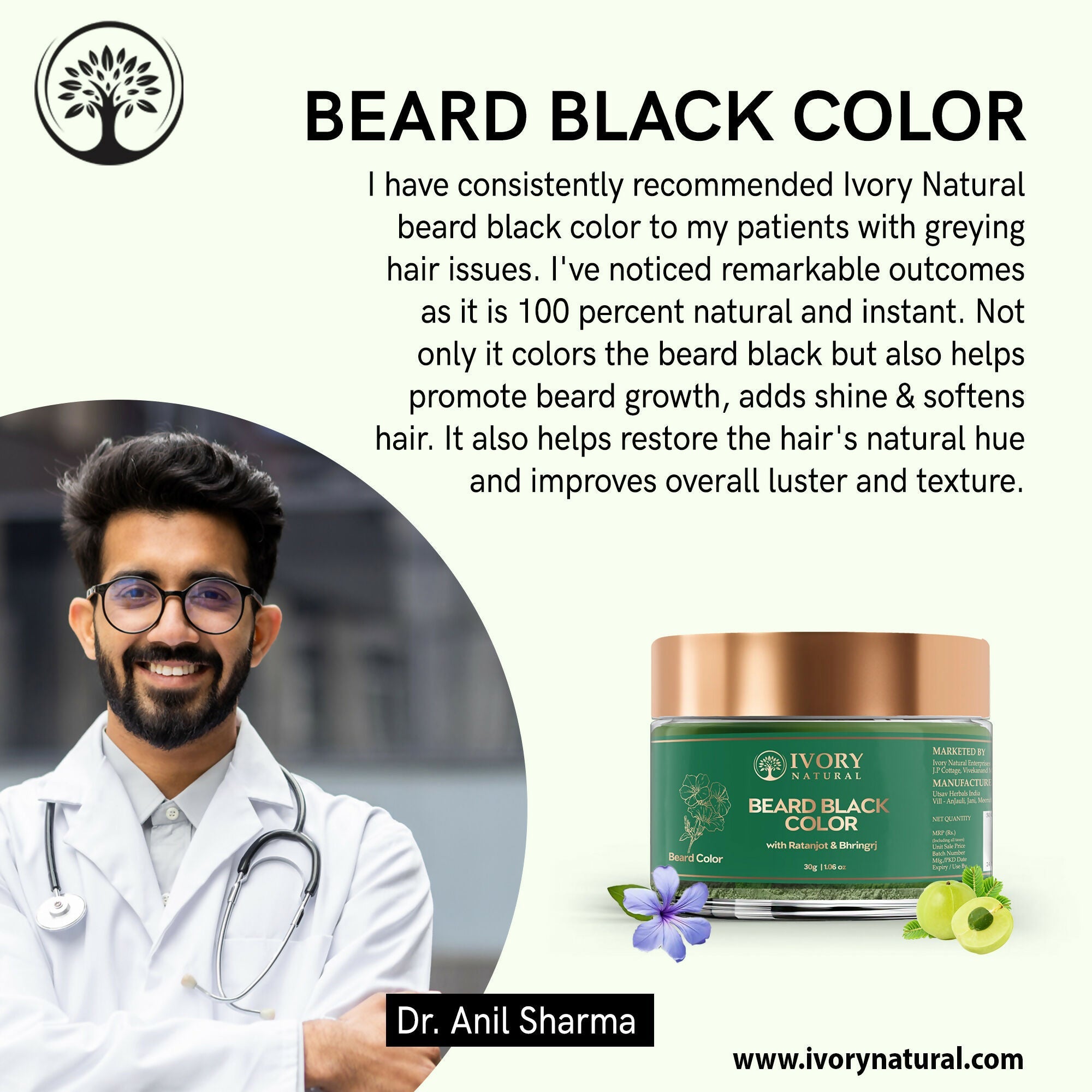 Ivory Natural Beard Black Color Organic - Instant Natural Plant Based Beard Color Powder