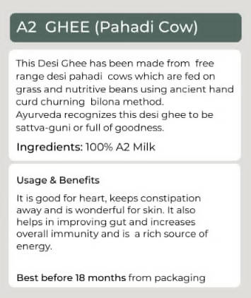 Organic Potli A2 Vedic Ghee Pahadi Cow |  A2 Gir Cow Organic A2 Ghee Vedic Bilona Method Grassfed Cultured Traditional Curd Bilona Ghee, Glass Bottle Main Image
