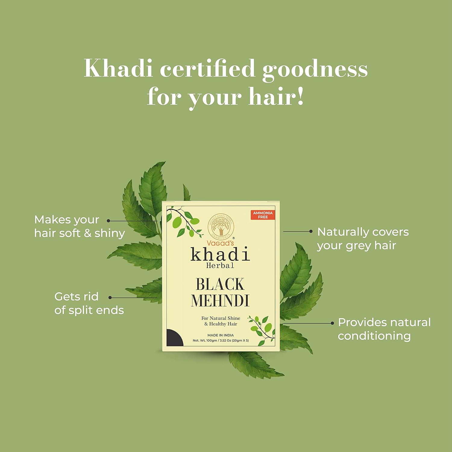 Vagad's Khadi Herbal Black Mehndi with Neem for Lasting Hair Color 2x100g