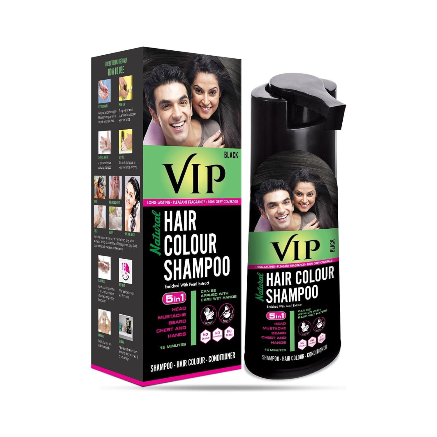 VIP Hair Color Shampoo Black 180ml for Men & Women 100% Grey Coverage