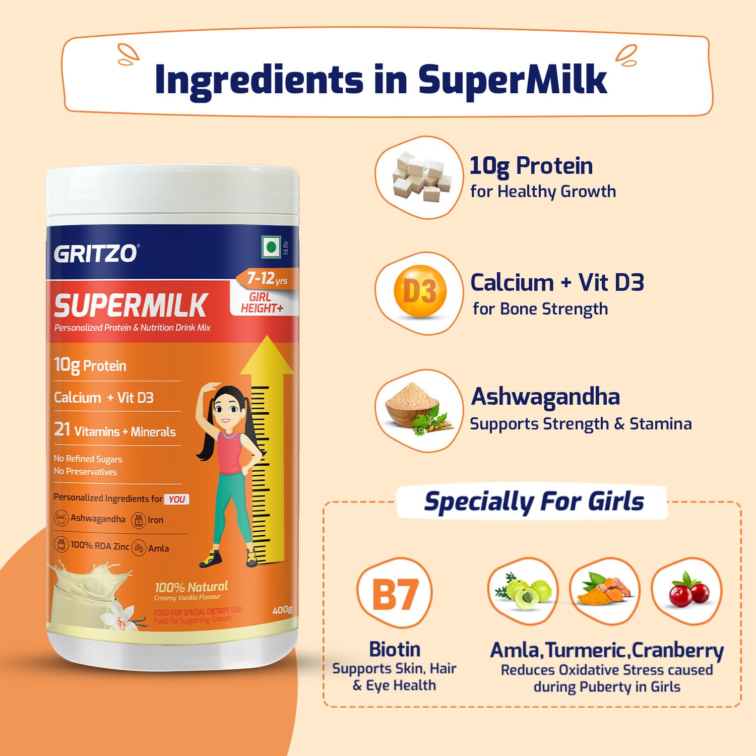 Gritzo SuperMilk Height+ (7-12y Girls), 10g Protein (Creamy Vanilla)