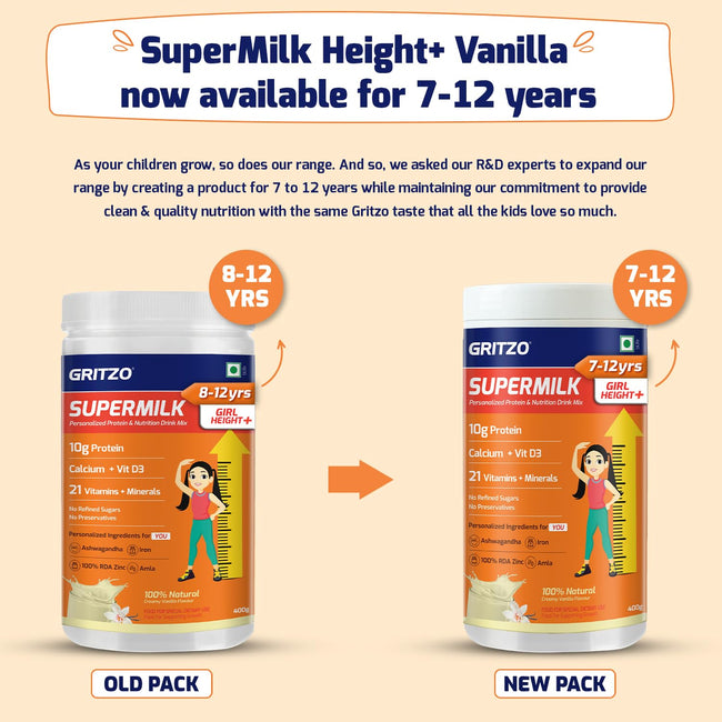 Gritzo SuperMilk Height+ (7-12y Girls), 10g Protein (Creamy Vanilla) Main Image