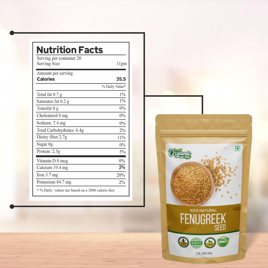 Organic Zing Fenugreek Seeds Also Known As Methi Seeds and Trigonella Foenum-Graecum Vegan | Preservative Free | Resealable Pack
