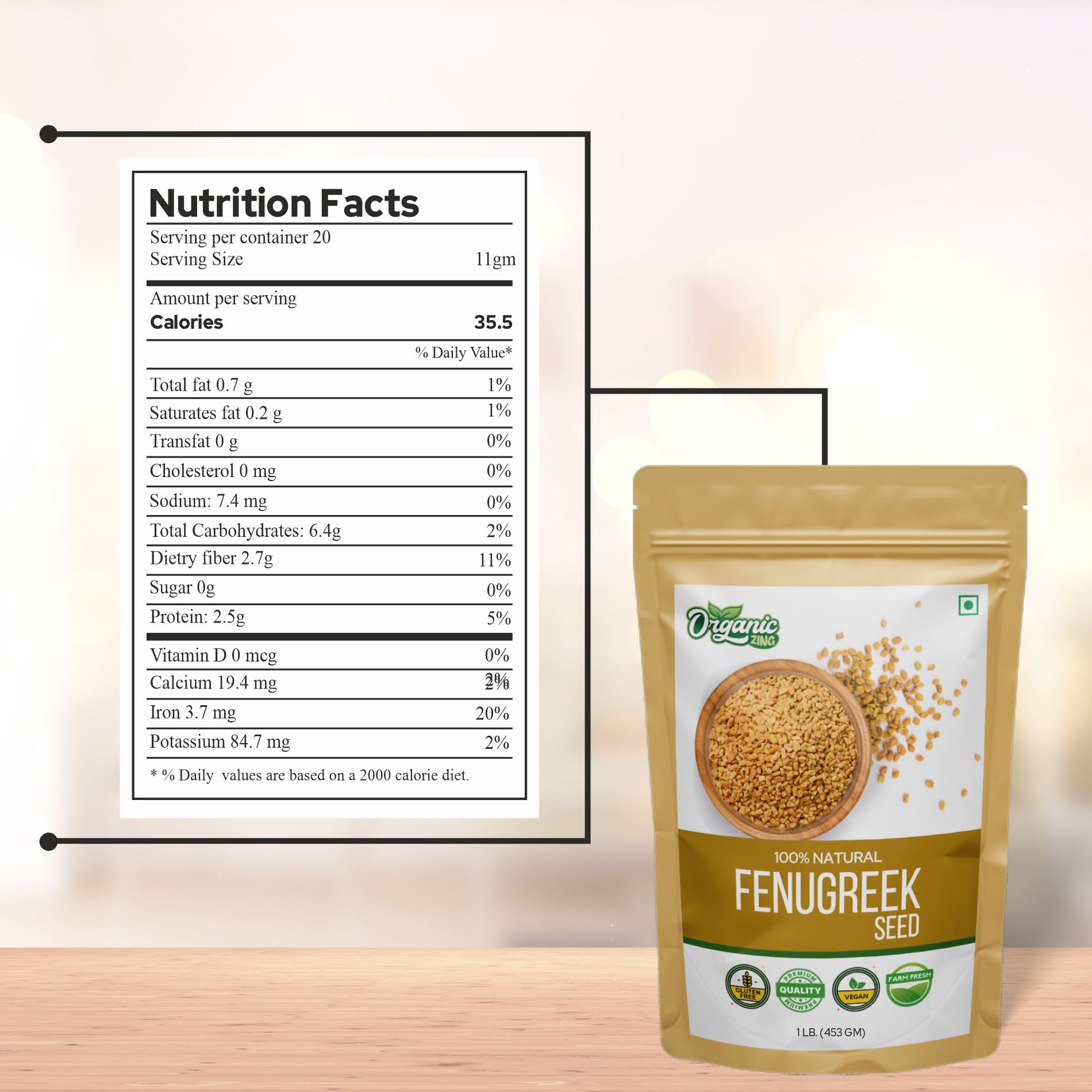 Organic Zing Fenugreek Seeds Also Known As Methi Seeds and Trigonella Foenum-Graecum Vegan | Preservative Free | Resealable Pack