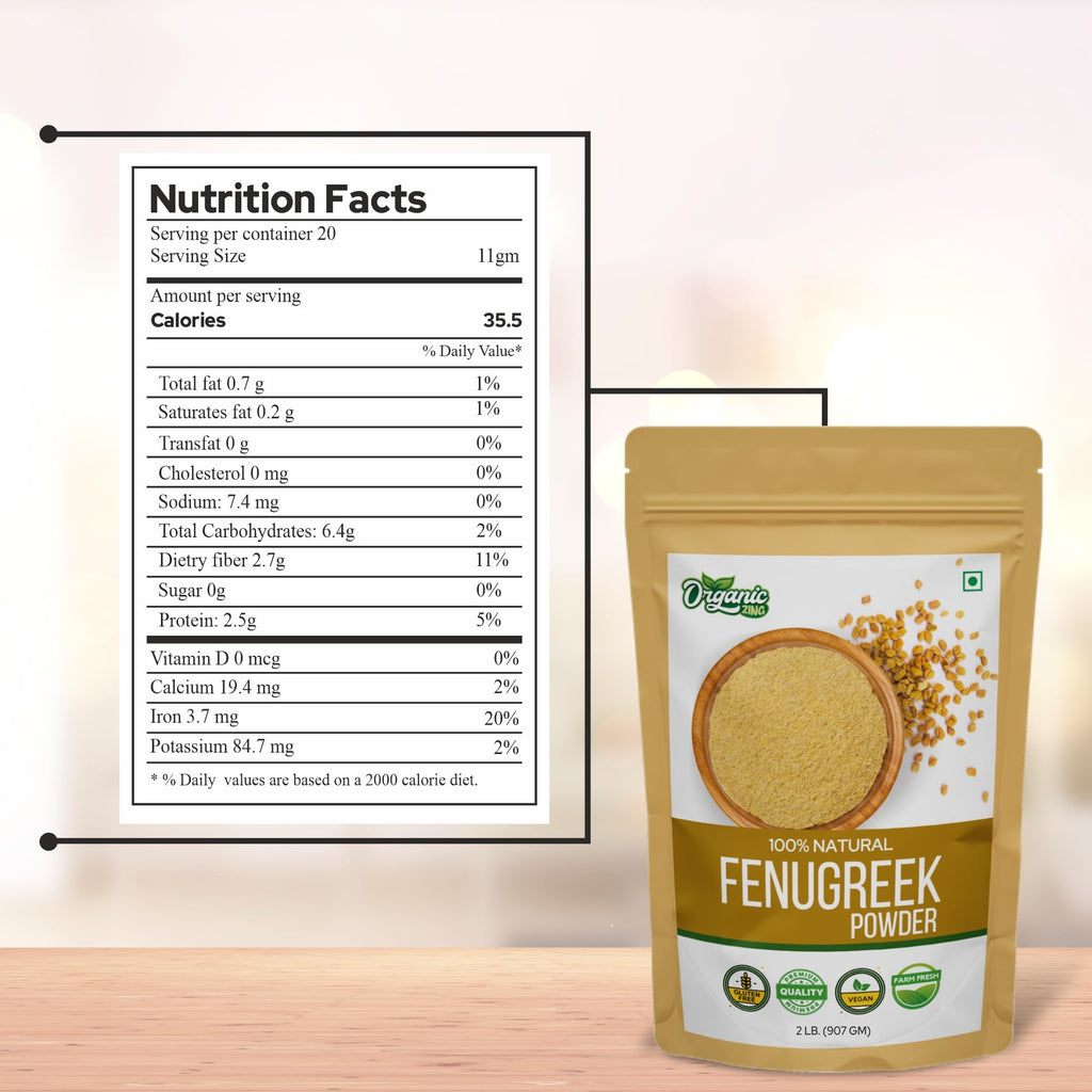 Organic Zing Fenugreek Powder Also Known As Methi Seed Powder, Trigonella Foenum-Graecum | Vegan | Preservative Free | Resealable Pack