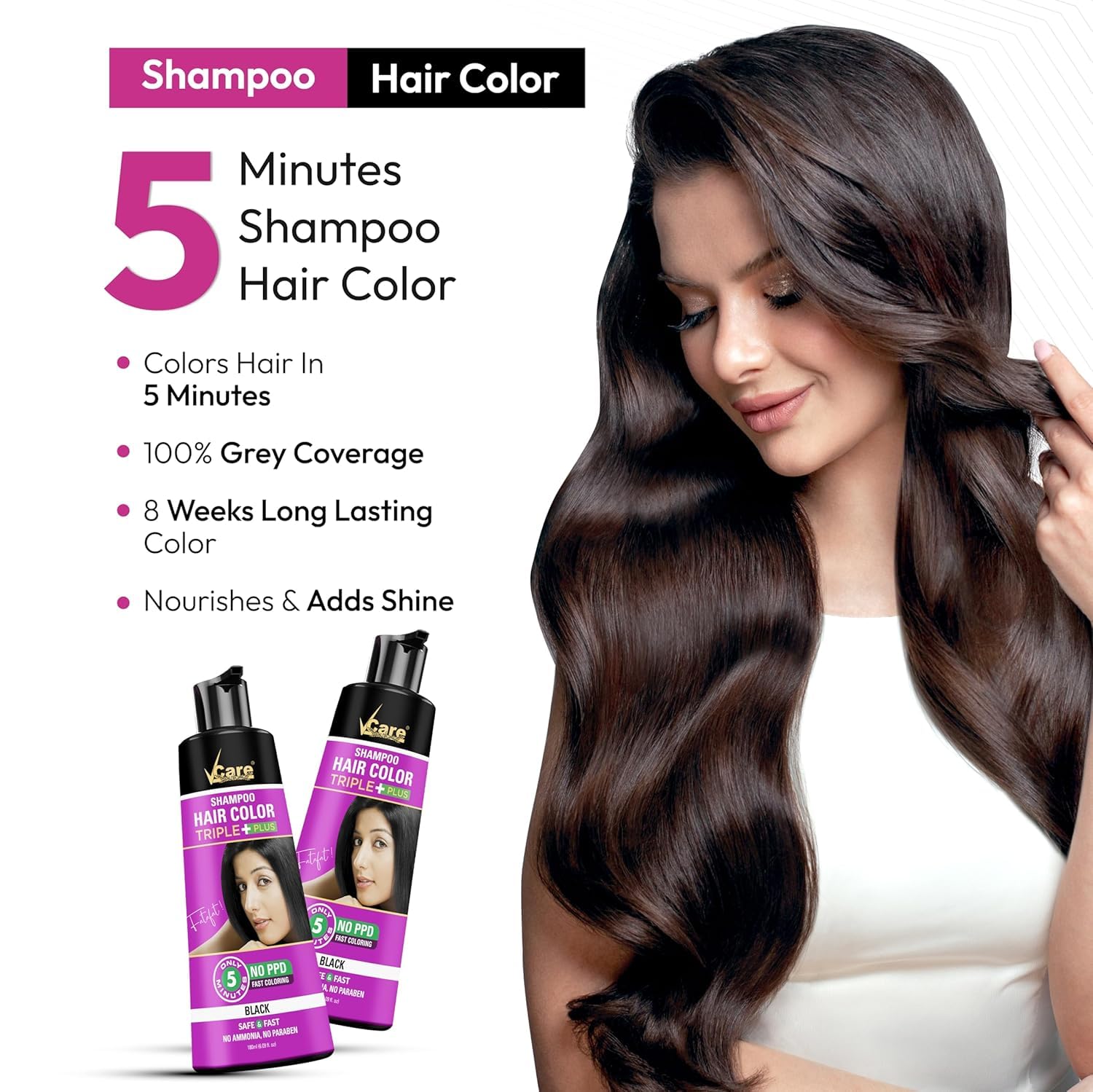 VCare Black Hair Color Shampoo 180ml Ammonia-Free for Men & Women