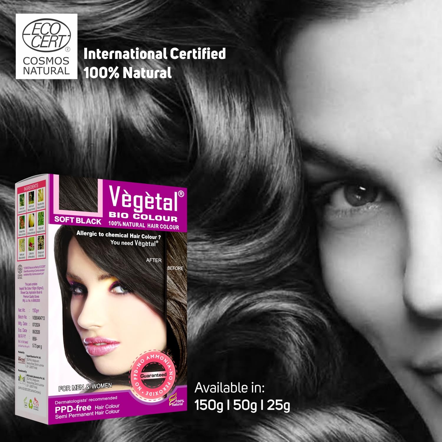 Vegetal Bio Soft Black Hair Color 150g Ammonia-Free Organic Kit