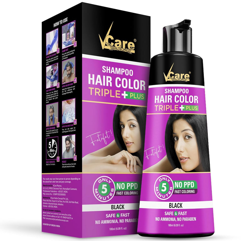 VCare Black Hair Color Shampoo 180ml Ammonia-Free for Men & Women