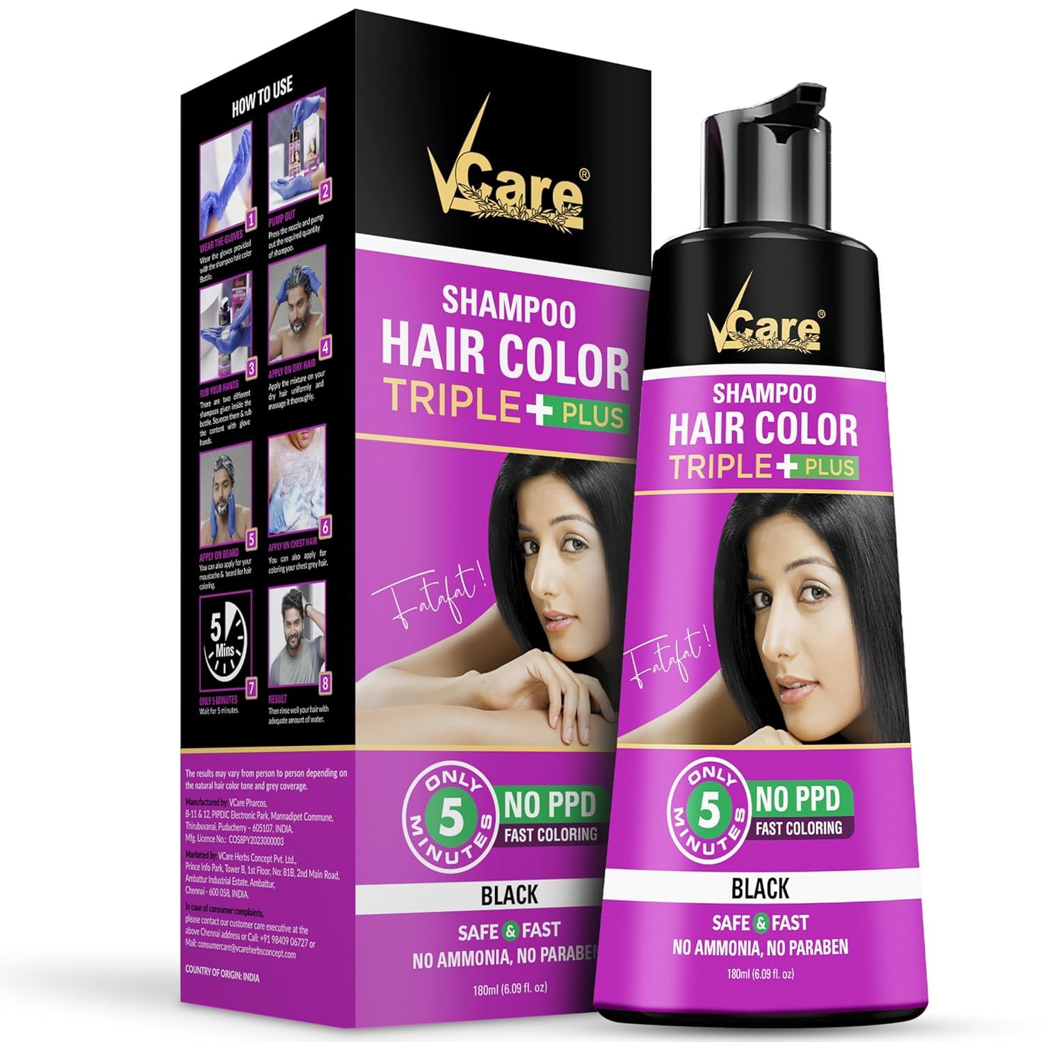 VCare Black Hair Color Shampoo 180ml Ammonia-Free for Men & Women