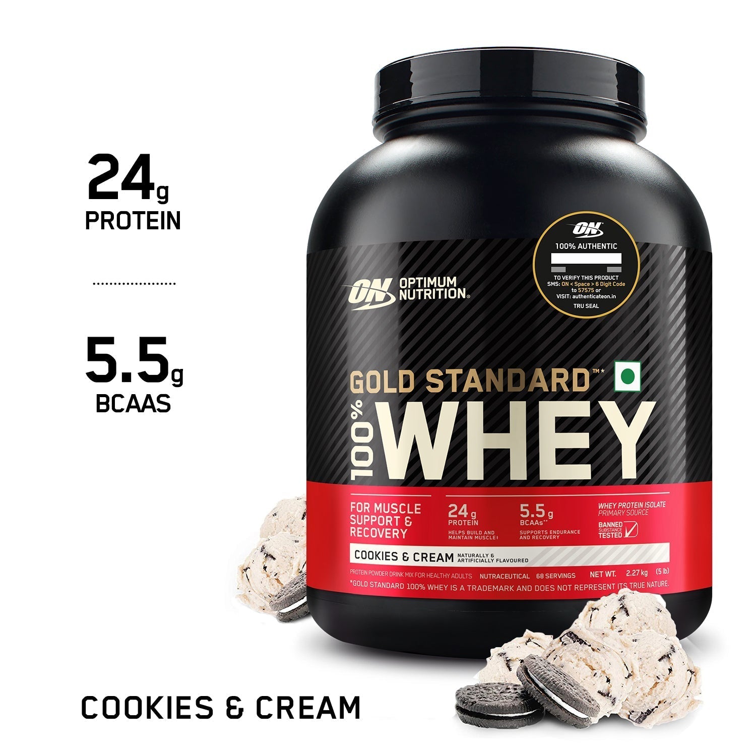 Optimum Nutrition Gold Standard 100% Whey Protein Powder (Cookies & Cream)-2.27 kg