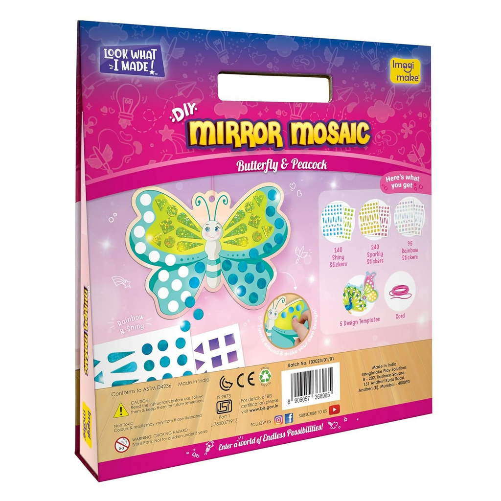 Imagimake Mirror Mosaic Butterfly & Peacock Mess Free DIY Mosaic Craft Kit 450+ Foil Sticker Travel Toys for Girls Birthday Gift for Girls Ages 3,4,5,6,7,8, Peach