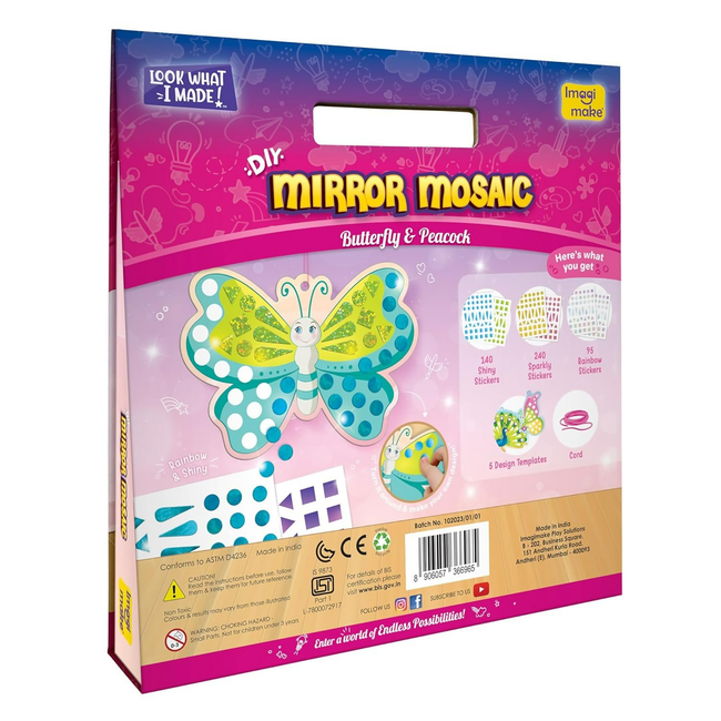 Imagimake Mirror Mosaic Butterfly & Peacock Mess Free DIY Mosaic Craft Kit 450+ Foil Sticker Travel Toys for Girls Birthday Gift for Girls Ages 3,4,5,6,7,8, Peach Main Image
