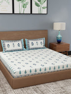 Rajasthan Decor Cream-Coloured & Blue Ethnic Motifs 180 TC Cotton 1 King Bedsheet with 2 Pillow Covers