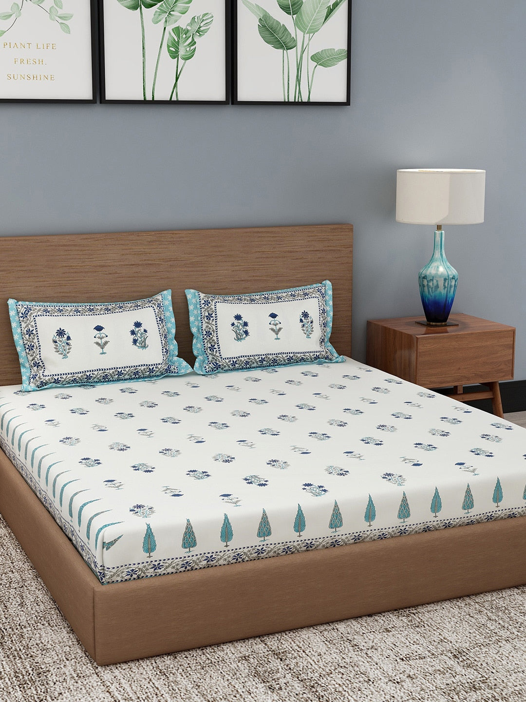 Rajasthan Decor Cream-Coloured & Blue Ethnic Motifs 180 TC Cotton 1 King Bedsheet with 2 Pillow Covers