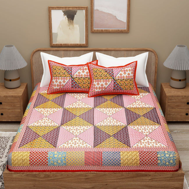 Red Ethnic Motifs Cotton 300TC King Bedsheet With 2 Zipper Pillow Covers - Super King Size by House of Ree Hover Image