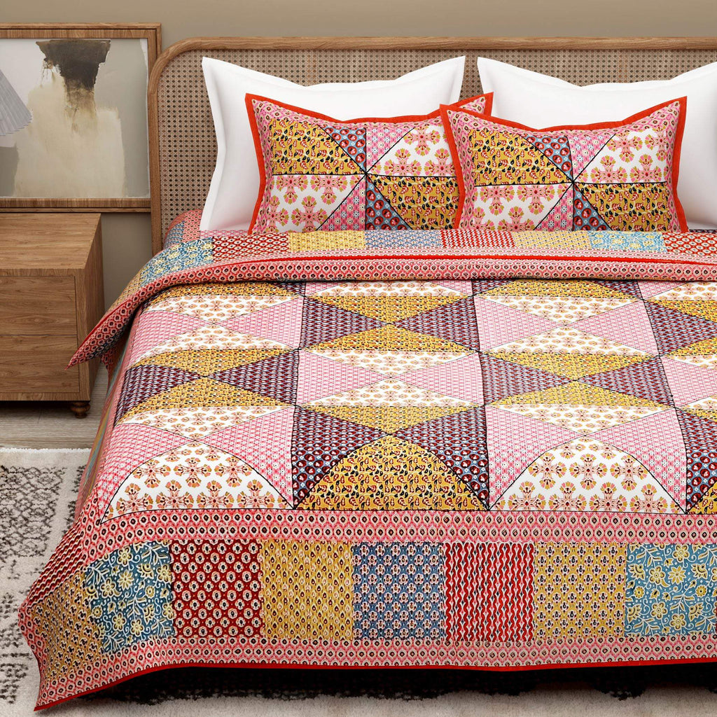Red Ethnic Motifs Cotton 300TC King Bedsheet With 2 Zipper Pillow Covers - Super King Size by House of Ree