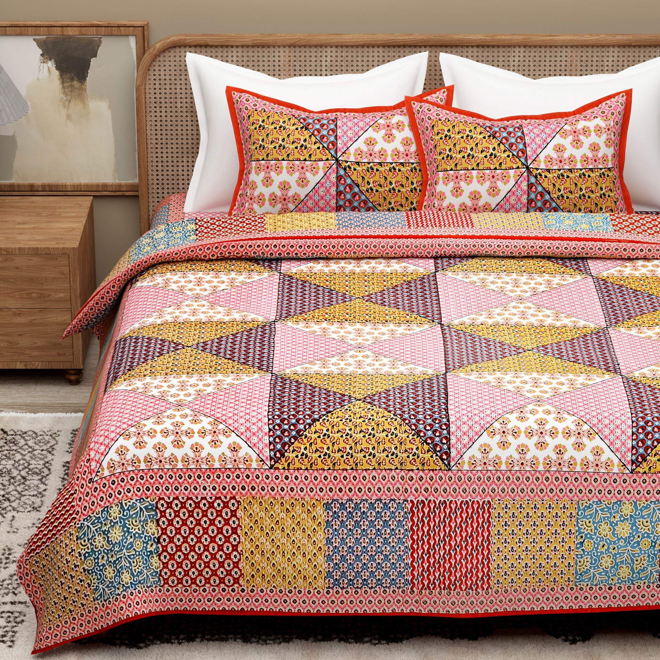 Red Ethnic Motifs Cotton 300TC King Bedsheet With 2 Zipper Pillow Covers - Super King Size by House of Ree