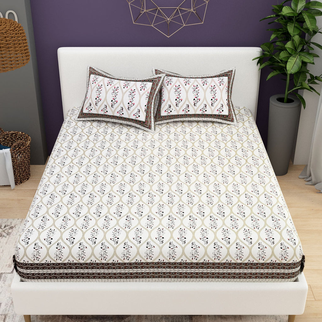 Purple White Ethnic Motifs Cotton 200TC King Bedsheet With 2 Zipper Pillow Covers - King Size by House of Ree