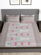 Story@home Grey & Pink Ethnic Motifs 180 TC Bedsheet with Pillow Cover