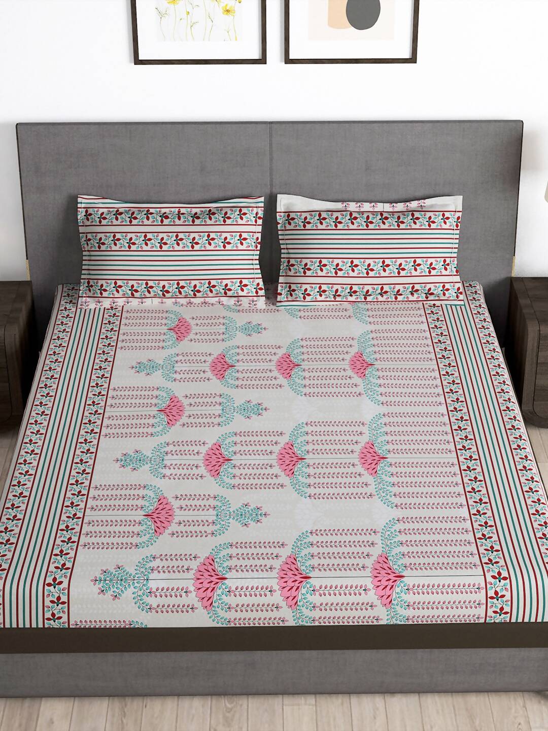 Story@home Grey & Pink Ethnic Motifs 180 TC Bedsheet with Pillow Cover