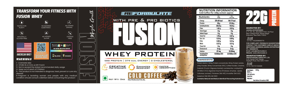 Reformulate Fusion Whey Protein With Pre & Pro Biotics I Muscle Growth I 58G Protein | 379 Kcal Energy - Cold Coffee