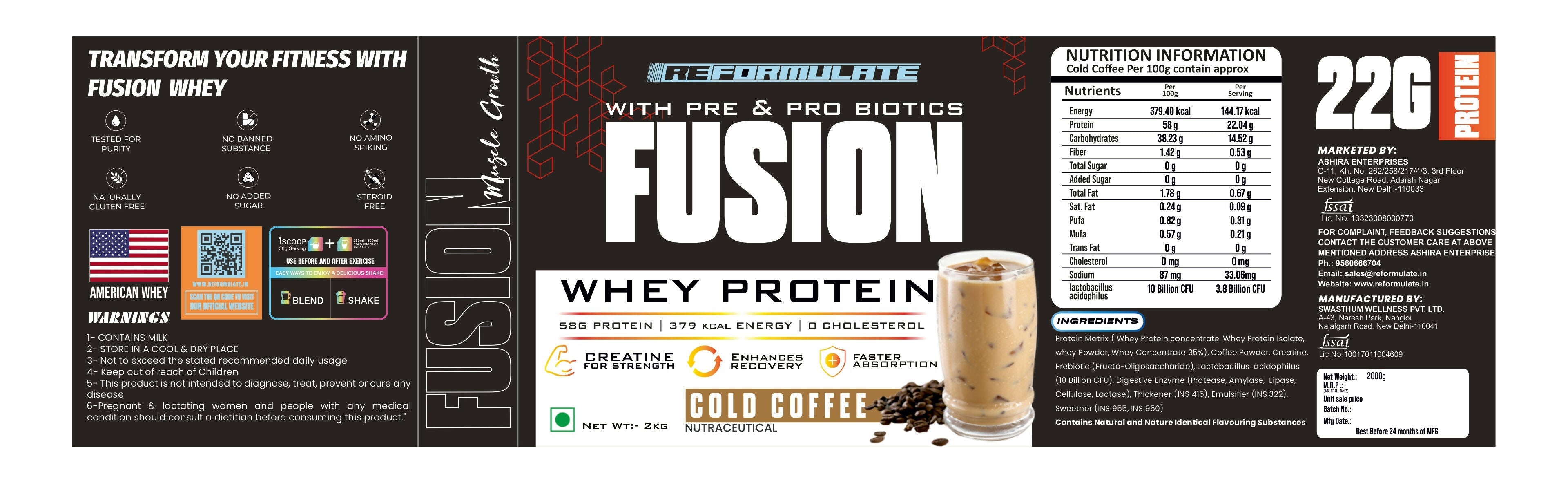 Reformulate Fusion Whey Protein With Pre & Pro Biotics I Muscle Growth I 58G Protein | 379 Kcal Energy - Cold Coffee