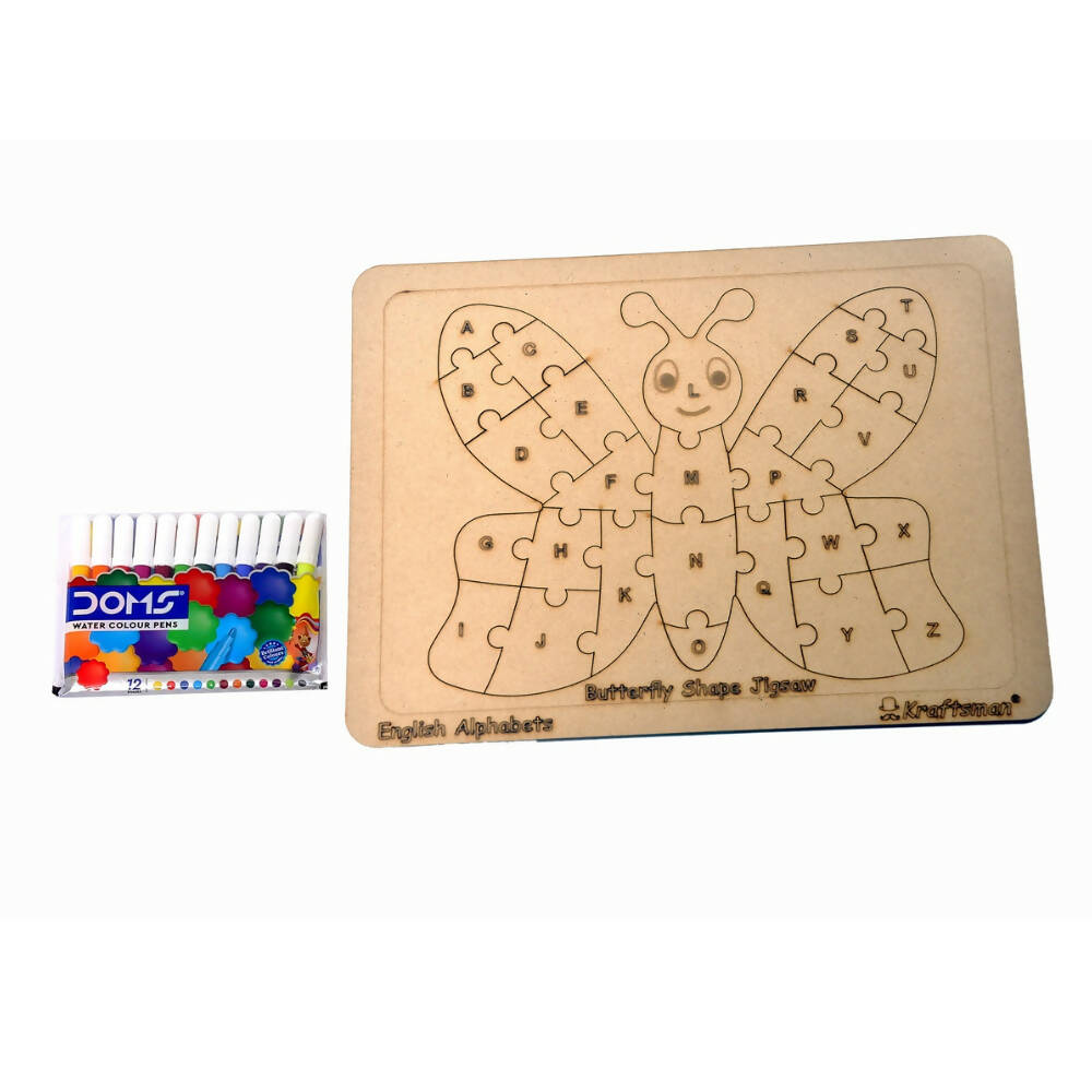 Kraftsman English Alphabets Wooden Jigsaw Puzzles Butterfly Shape Puzzle | Color Kit Included