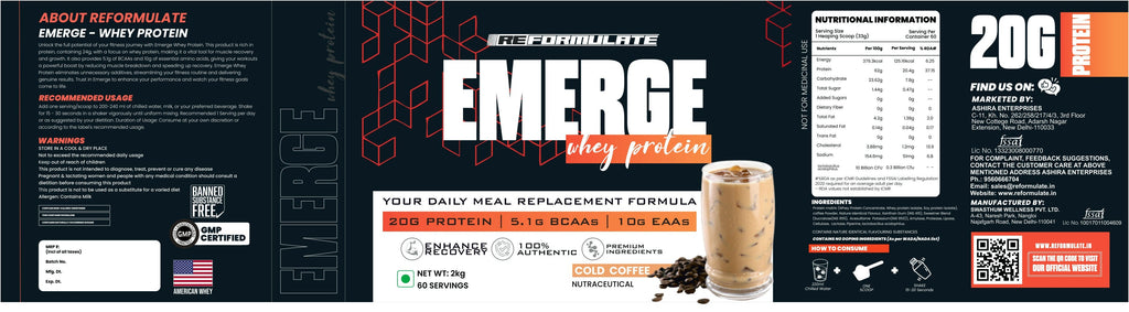 Reformulate Emerge I Whey Protein I Your Daily Meal Replacement Formula I 20 G I Protein I 5.1 G Bcaa's I 10 G Eaa's - Cold Coffee