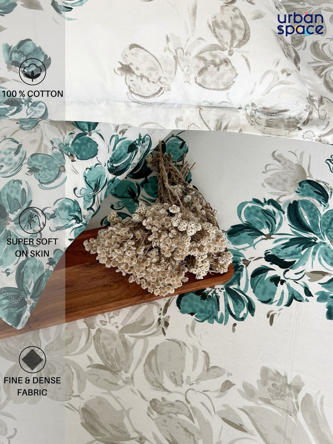 URBAN SPACE Serene White & Blue Printed 200 TC Pure Cotton Bedsheet & Pillow Covers