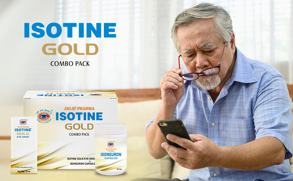 Jagat Pharma Isotine Gold Eye Drops & Capsules - Empowering Vision's Strength
