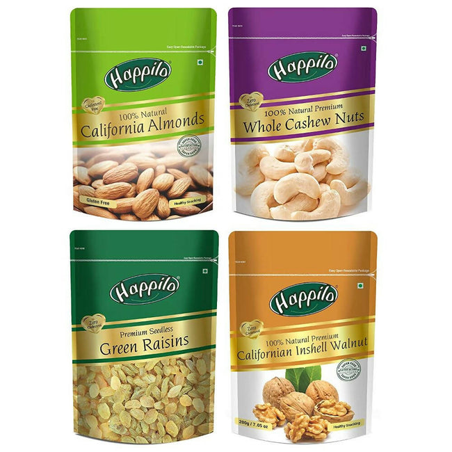 Happilo Premium Californian Almonds, Whole Cashews, Raisins & Walnuts Inshell Combo Hover Image