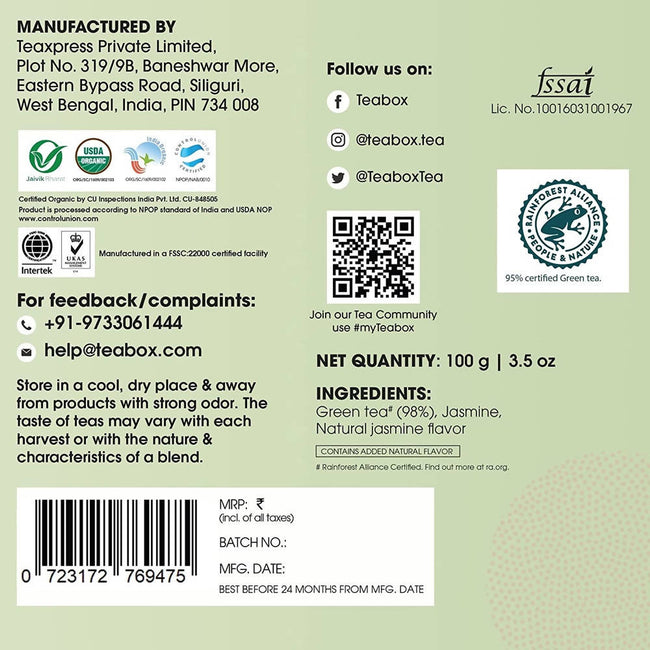 Teabox Organic Jasmine Green Tea Loose Leaves Main Image