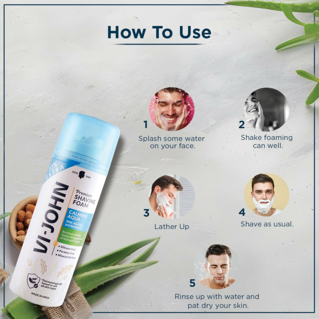 VI-JOHN Dermatologically Tested Premium Claming Aqua Shaving Foam Enriched with Aloevera & Almond Oil Free From Silicone, Paraben & Mineral Oil