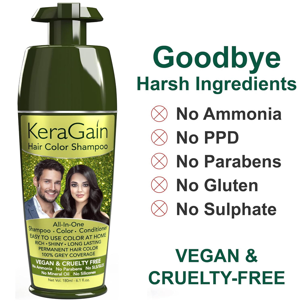 KERAGAIN Natural Black Hair Color Shampoo 180ml PPD Ammonia Free Vegan