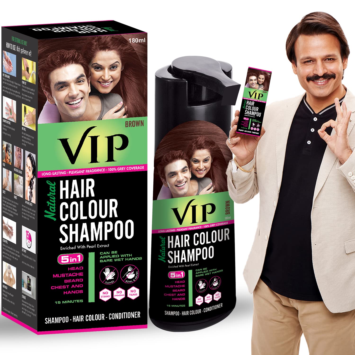 VIP Brown Hair Color Shampoo 180ml Quick Grey Coverage for Men & Women