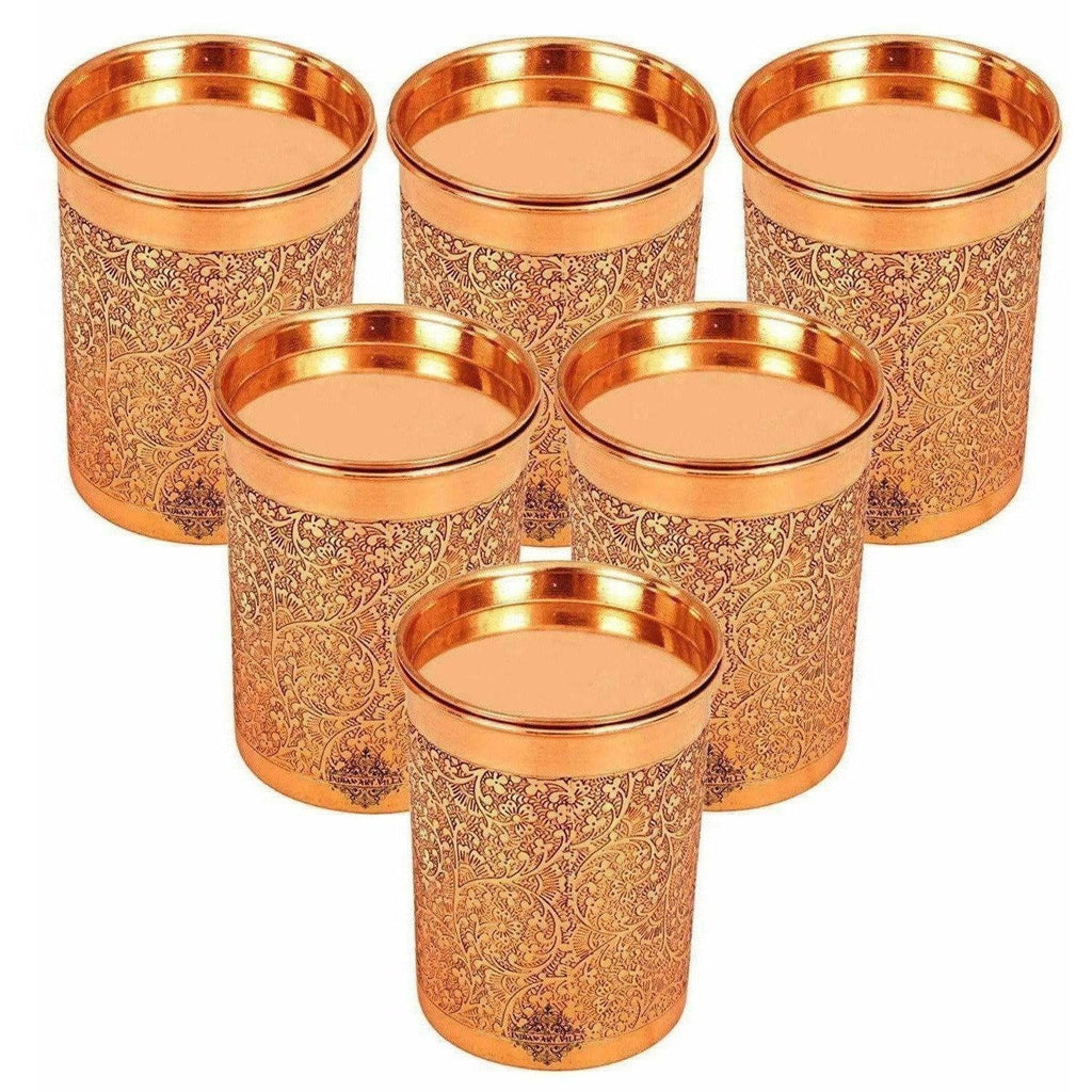 Copper Glass Tumbler with Lid Embossed Design