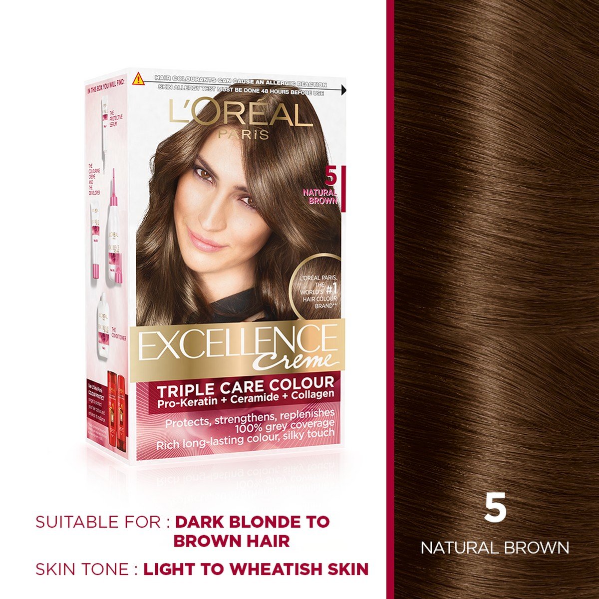 L'OREAL PARIS Excellence Creme Hair Color, 5 Light Brown/Natural Brown, 72Ml+100G And Color Protect Shampoo, 360Ml (With 10% Extra)