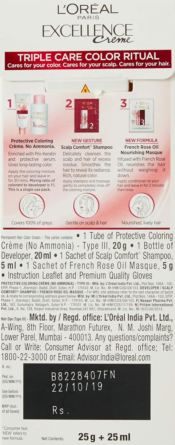 L'Oreal Paris Excellence Hair Color Small Pack No.1, Natural Black, 25ml+25g