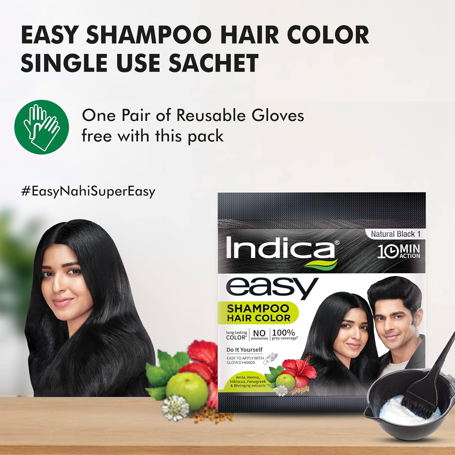 Indica 10 Min Herbal Hair Color Shampoo Natural Black Ammonia-Free